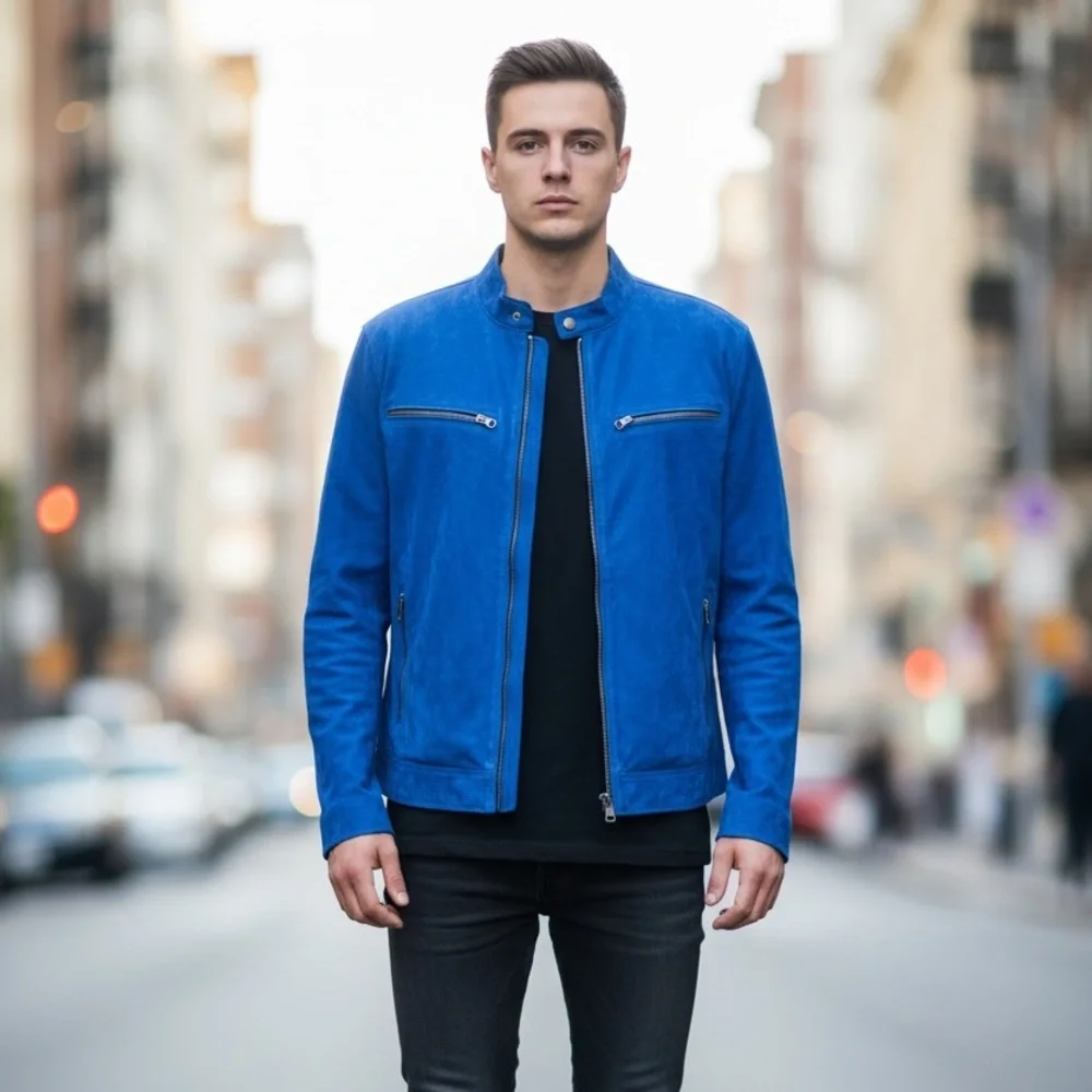 Genuine Leather Distressed Look Cafe Racer Jacket Zip Front & Sleeves Blue Large